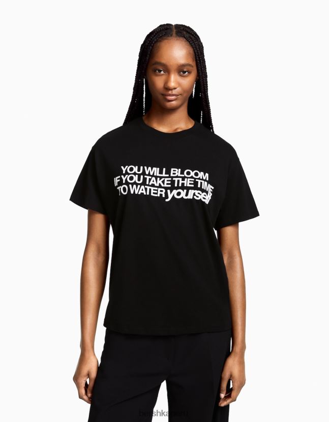 negro Bershka mujer camiseta de manga corta con estampado 806J6B544