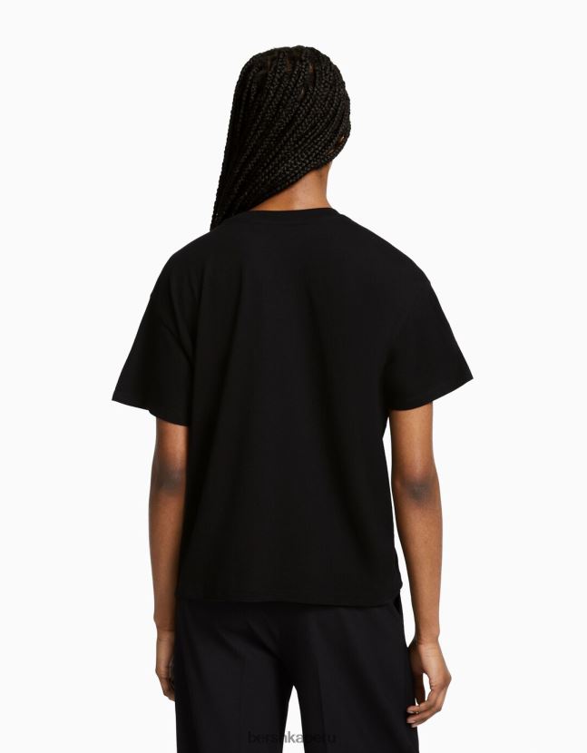 negro Bershka mujer camiseta de manga corta con estampado 806J6B544