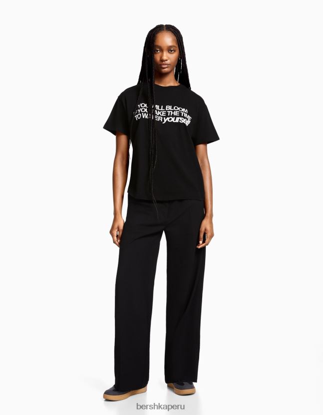 negro Bershka mujer camiseta de manga corta con estampado 806J6B544