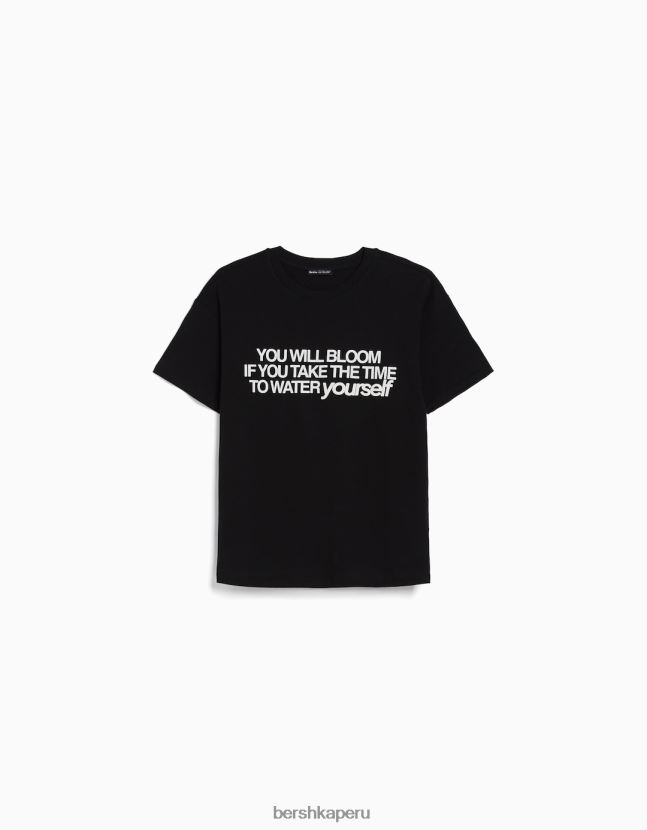 negro Bershka mujer camiseta de manga corta con estampado 806J6B544