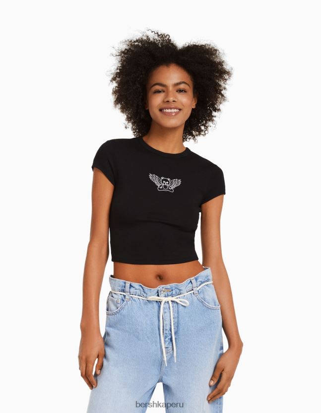 negro Bershka mujer camiseta de manga corta con estampado 806J6B594