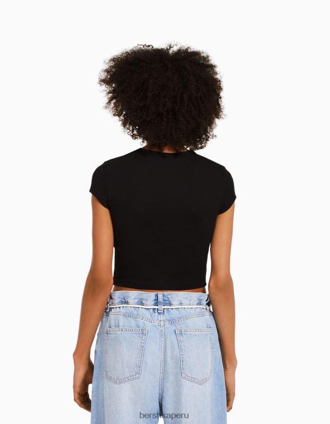 negro Bershka mujer camiseta de manga corta con estampado 806J6B594