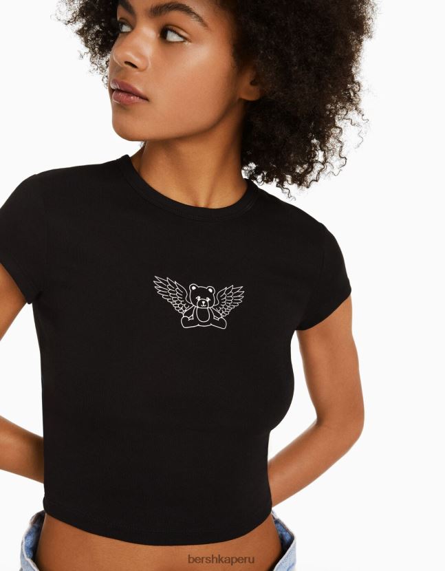 negro Bershka mujer camiseta de manga corta con estampado 806J6B594