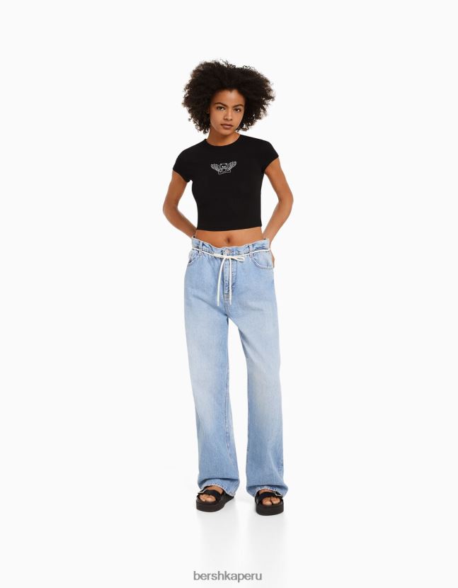 negro Bershka mujer camiseta de manga corta con estampado 806J6B594