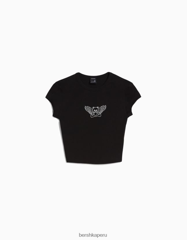 negro Bershka mujer camiseta de manga corta con estampado 806J6B594