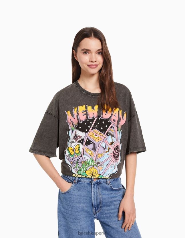 negro Bershka mujer camiseta de manga corta con estampado de efecto desgastado 806J6B466