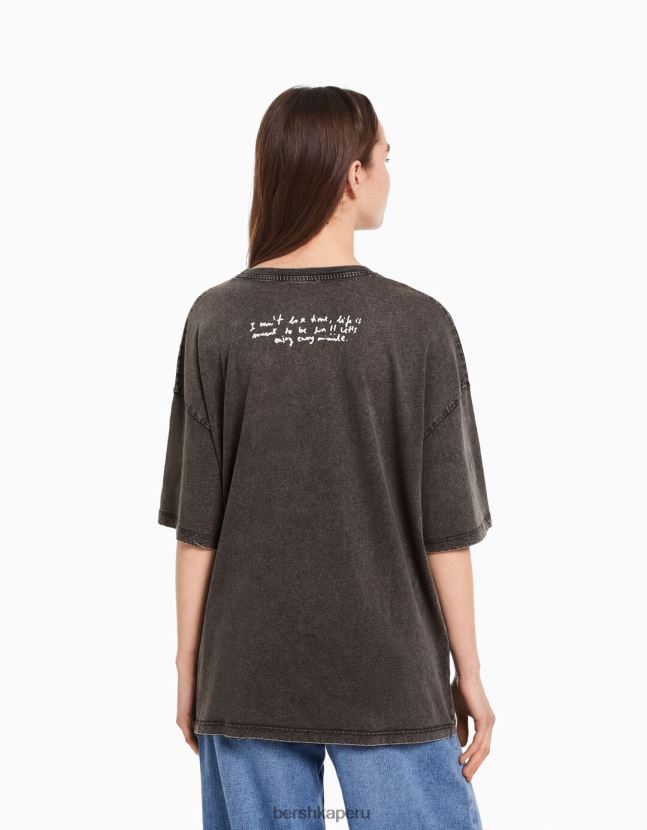 negro Bershka mujer camiseta de manga corta con estampado de efecto desgastado 806J6B466