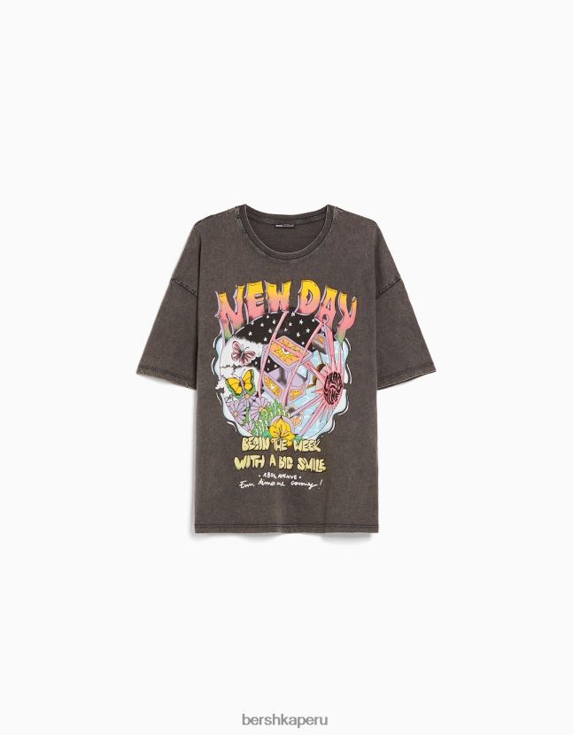 negro Bershka mujer camiseta de manga corta con estampado de efecto desgastado 806J6B466