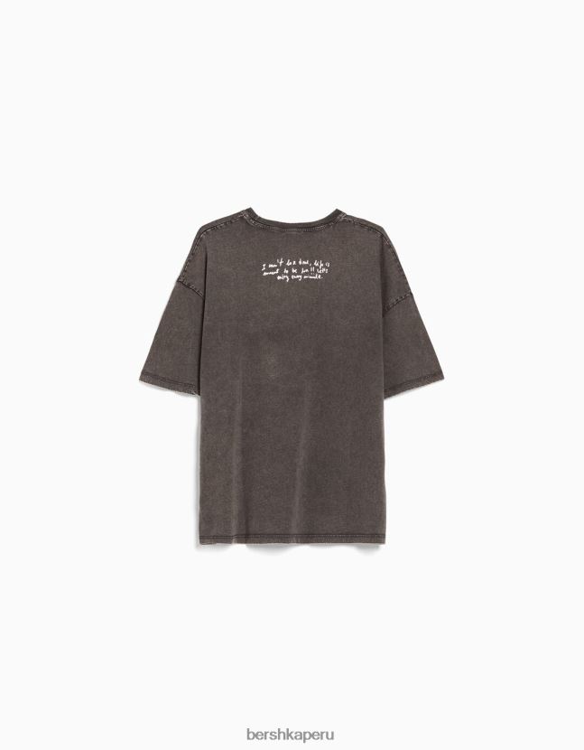 negro Bershka mujer camiseta de manga corta con estampado de efecto desgastado 806J6B466