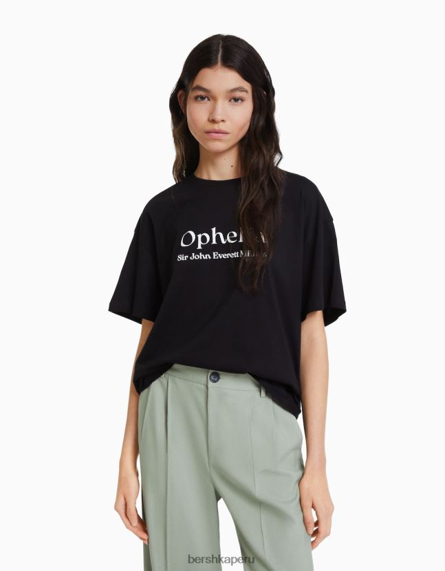 negro Bershka mujer camiseta de manga corta con estampado de serie de arte 806J6B446