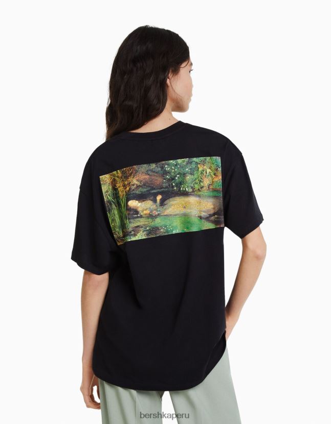negro Bershka mujer camiseta de manga corta con estampado de serie de arte 806J6B446