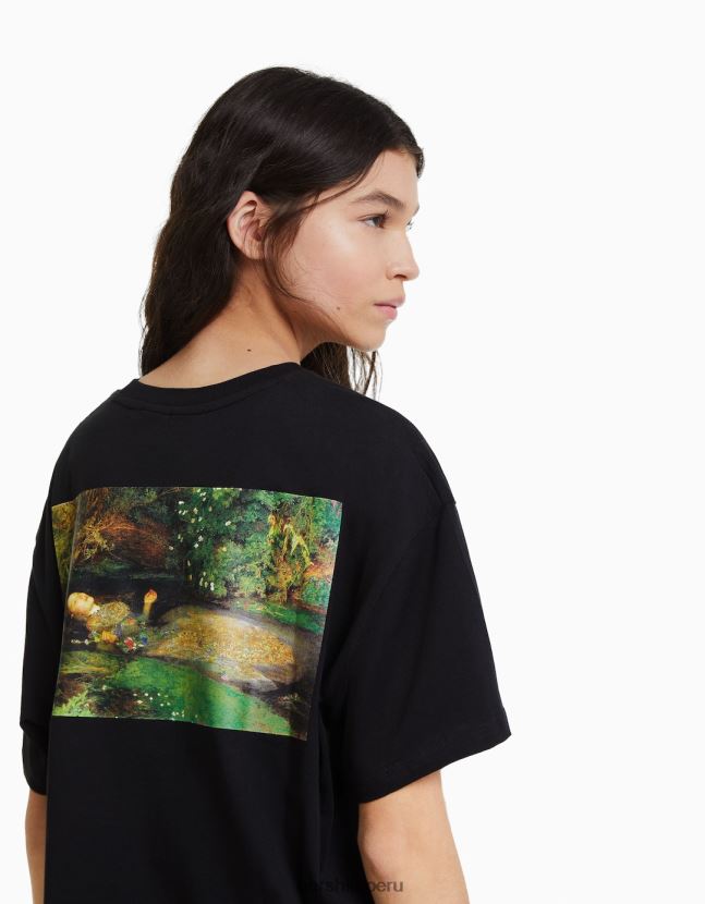 negro Bershka mujer camiseta de manga corta con estampado de serie de arte 806J6B446