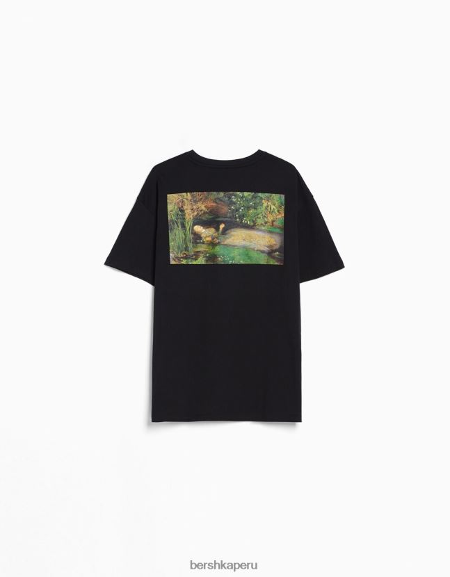 negro Bershka mujer camiseta de manga corta con estampado de serie de arte 806J6B446