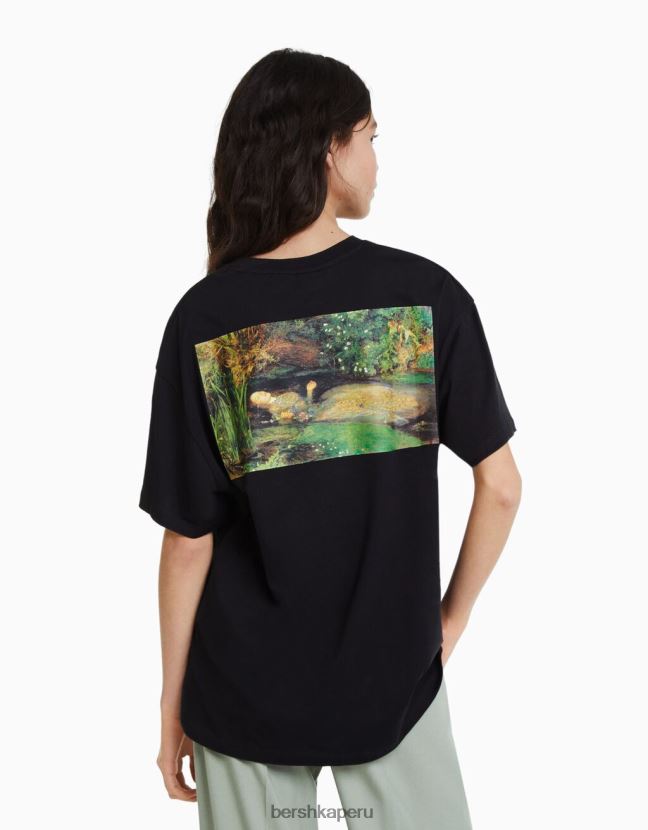 negro Bershka mujer camiseta de manga corta con estampado de serie de arte 806J6B447