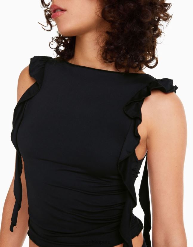 negro Bershka mujer camiseta de manga corta con volantes 806J6B301