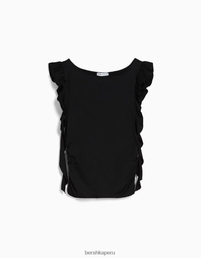 negro Bershka mujer camiseta de manga corta con volantes 806J6B301