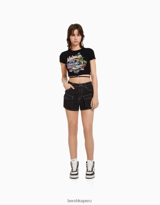 negro Bershka mujer camiseta de manga corta estampada con anillo y corbata 806J6B605