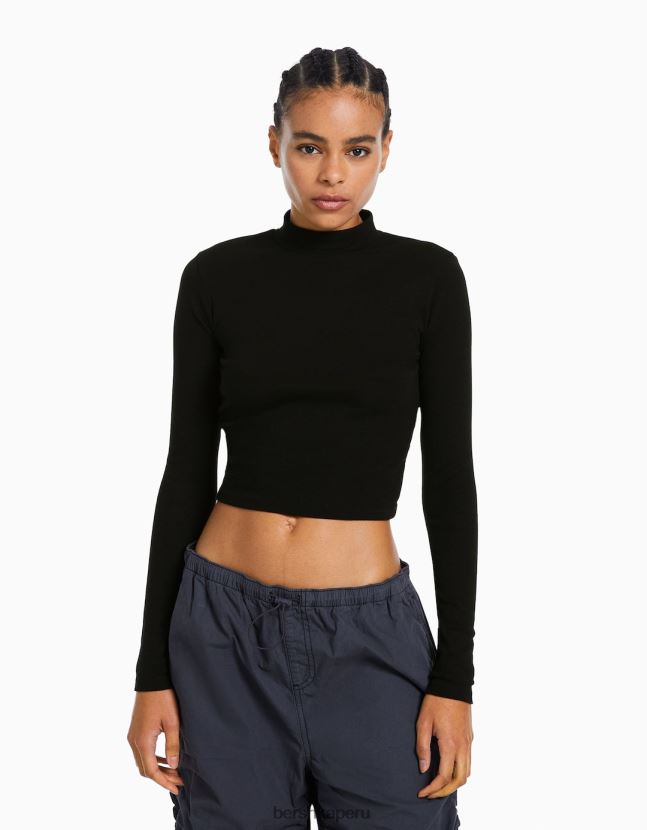 negro Bershka mujer camiseta de manga larga con cuello alto 806J6B408