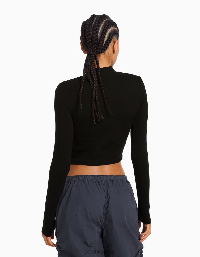 negro Bershka mujer camiseta de manga larga con cuello alto 806J6B408