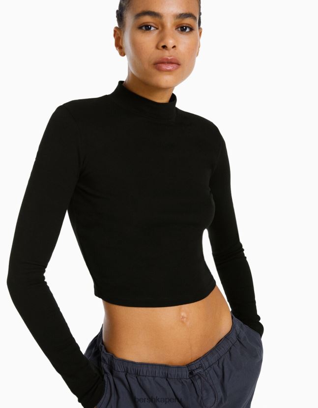 negro Bershka mujer camiseta de manga larga con cuello alto 806J6B408