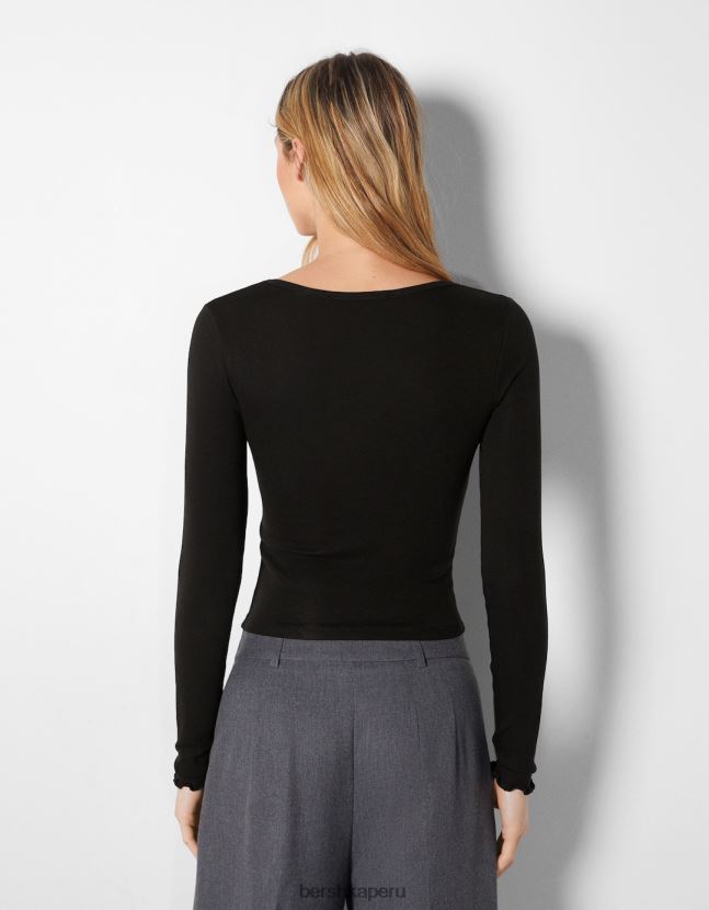 negro Bershka mujer camiseta de manga larga con cuello de pico fruncido 806J6B547