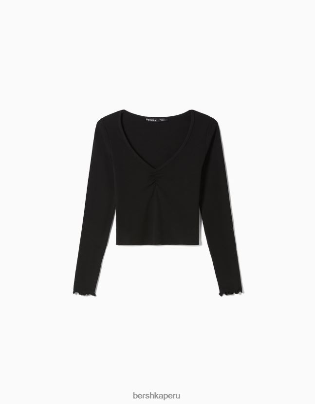 negro Bershka mujer camiseta de manga larga con cuello de pico fruncido 806J6B547