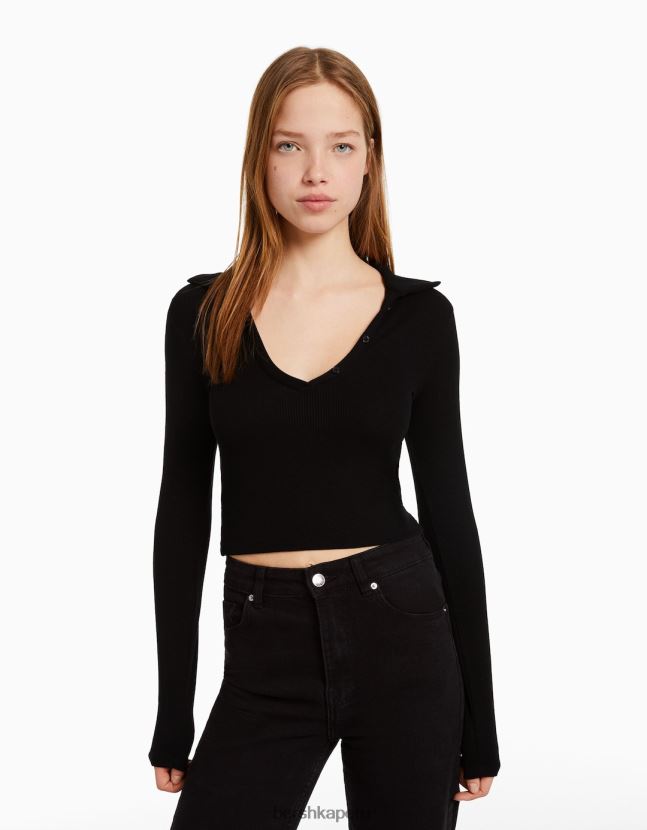 negro Bershka mujer camiseta de manga larga con cuello de polo abotonado 806J6B443