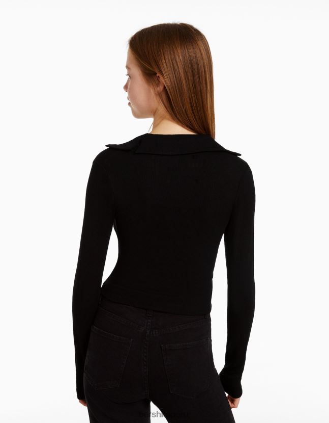 negro Bershka mujer camiseta de manga larga con cuello de polo abotonado 806J6B443