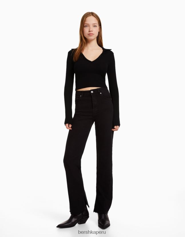 negro Bershka mujer camiseta de manga larga con cuello de polo abotonado 806J6B443