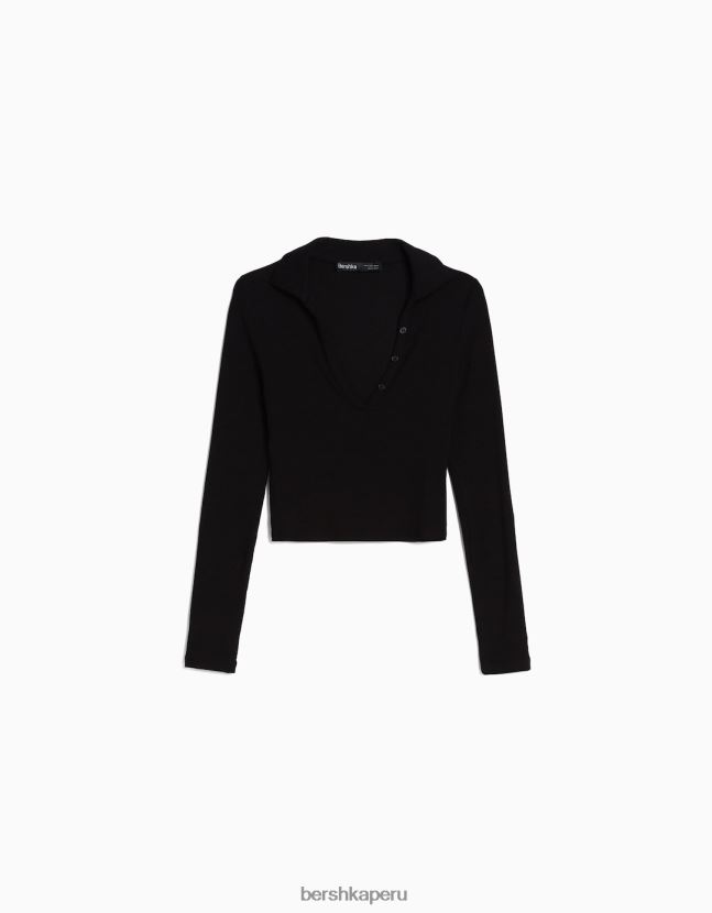 negro Bershka mujer camiseta de manga larga con cuello de polo abotonado 806J6B443
