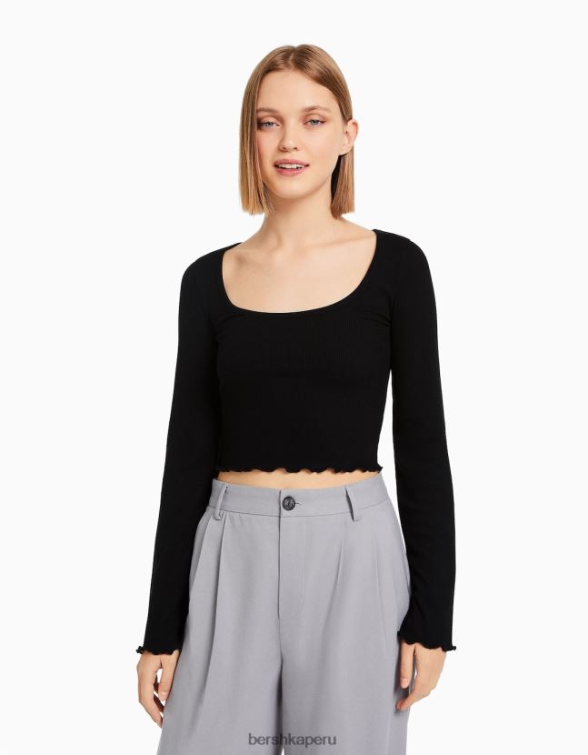 negro Bershka mujer camiseta de manga larga con cuello redondo 806J6B578