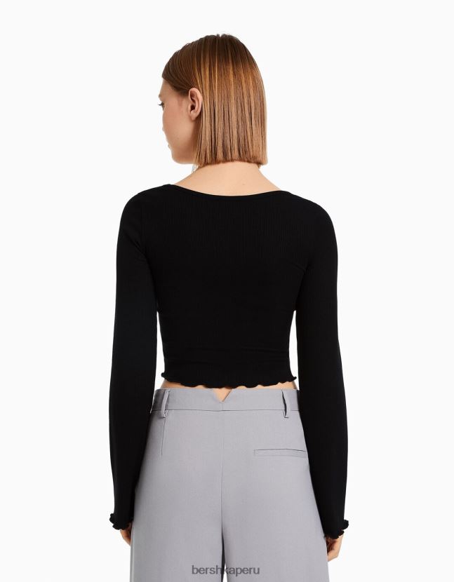 negro Bershka mujer camiseta de manga larga con cuello redondo 806J6B578