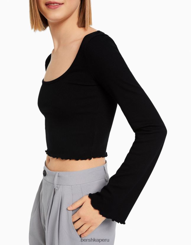 negro Bershka mujer camiseta de manga larga con cuello redondo 806J6B578