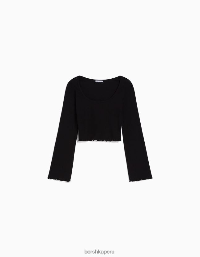 negro Bershka mujer camiseta de manga larga con cuello redondo 806J6B578