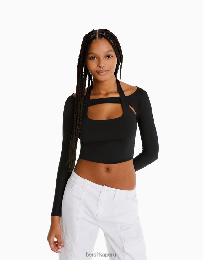 negro Bershka mujer camiseta de manga larga con detalle de cuello 806J6B537