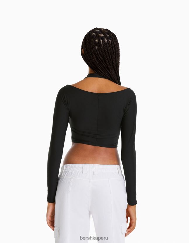 negro Bershka mujer camiseta de manga larga con detalle de cuello 806J6B537