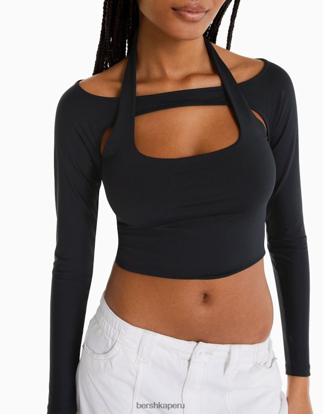 negro Bershka mujer camiseta de manga larga con detalle de cuello 806J6B537