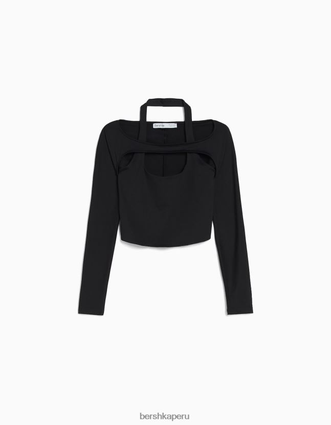 negro Bershka mujer camiseta de manga larga con detalle de cuello 806J6B537
