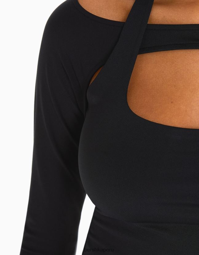negro Bershka mujer camiseta de manga larga con detalle de cuello 806J6B537