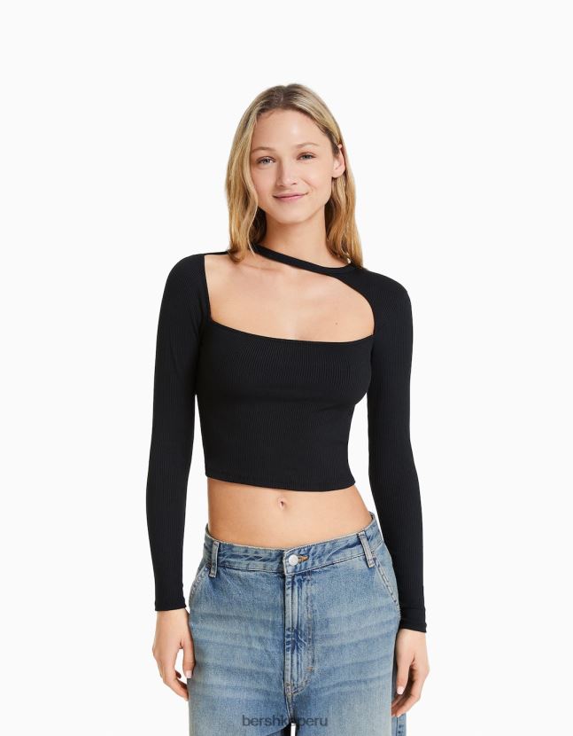 negro Bershka mujer camiseta de manga larga con escote asimétrico 806J6B474