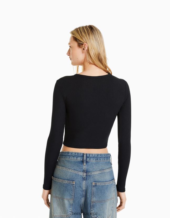 negro Bershka mujer camiseta de manga larga con escote asimétrico 806J6B474