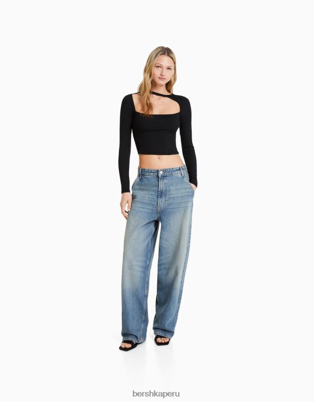negro Bershka mujer camiseta de manga larga con escote asimétrico 806J6B474