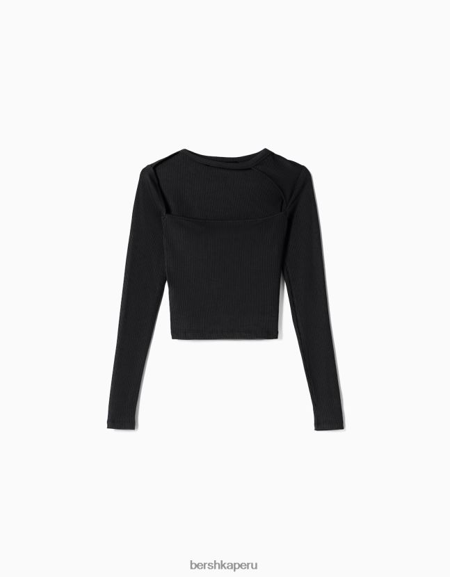 negro Bershka mujer camiseta de manga larga con escote asimétrico 806J6B474
