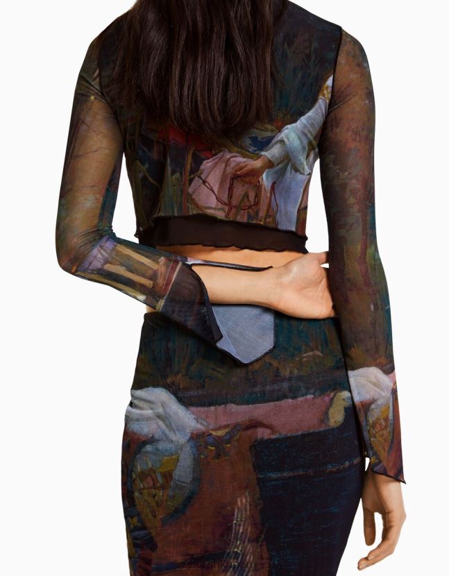 negro Bershka mujer camiseta de manga larga con estampado de serie de arte 806J6B487