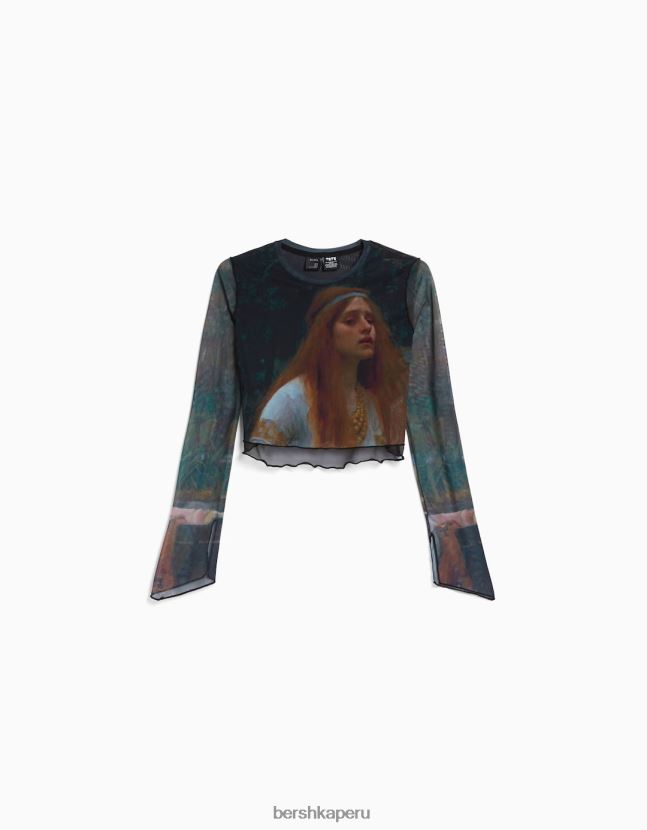 negro Bershka mujer camiseta de manga larga con estampado de serie de arte 806J6B487