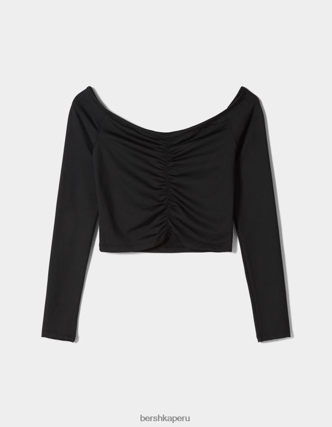 negro Bershka mujer camiseta de manga larga con hombros descubiertos y detalle fruncido 806J6B565