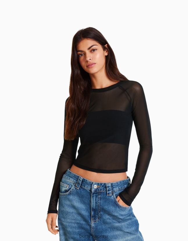 negro Bershka mujer camiseta de manga larga con manga raglán de tul 806J6B428