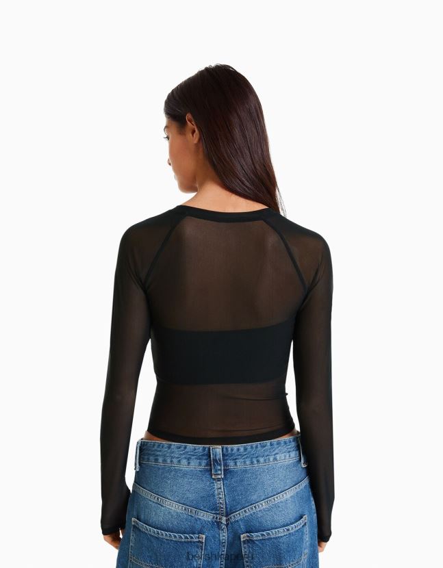 negro Bershka mujer camiseta de manga larga con manga raglán de tul 806J6B428