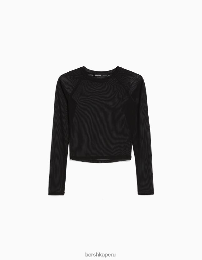 negro Bershka mujer camiseta de manga larga con manga raglán de tul 806J6B428