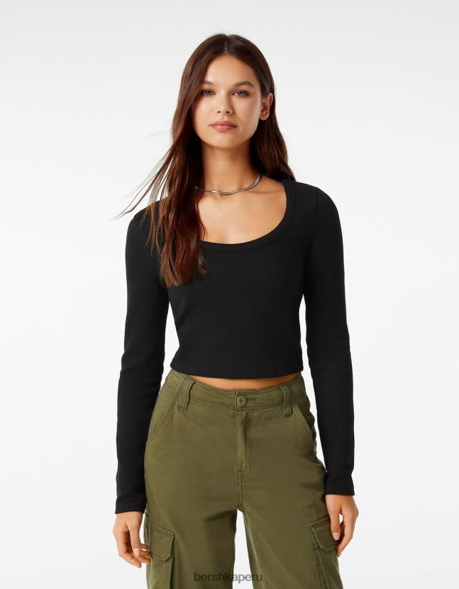 negro Bershka mujer camiseta de manga larga con textura de canalé 806J6B592